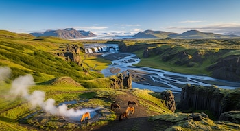 Cinco caballos en un valle verde con río trenzado, cascada, montañas con glaciar, columnas de basalto y vapor geotérmico bajo cielo azul.