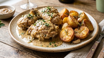 Un plato de pollo con salsa de mostaza y hierbas frescas, acompañado de papas asadas con romero y ajo, presentado sobre una mesa de madera