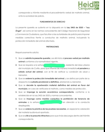 La denuncia solicita iniciar un proceso verbal, citar a la persona señalada y, en caso de ser hallada culpable, imponer sanciones económicas o prohibirle la tenencia de mascotas - crédito Heidy Cerquera Angel/Facebook