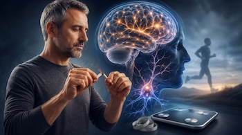 Hombre de mediana edad rompiendo un cigarrillo. Se ve un cerebro brillante, una silueta de corredor, una báscula inteligente y una cinta métrica.