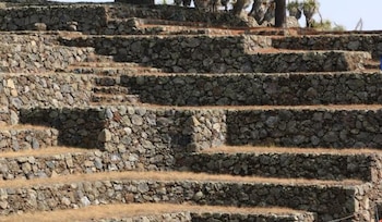 Varias terrazas escalonadas construidas con piedras irregulares. Se observa vegetación seca entre las terrazas y árboles en la parte superior