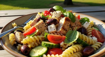 Un plato redondo lleno de ensalada de pasta fusilli, cubos de pollo, aceitunas negras, trozos de tomate y pepino, queso feta y hojas de albahaca sobre una mesa de madera.
