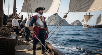 Un oficial con uniforme de época y armadura ligera empuña una espada en la cubierta de un barco de vela, con marineros, cuerdas, mar y montañas al fondo.