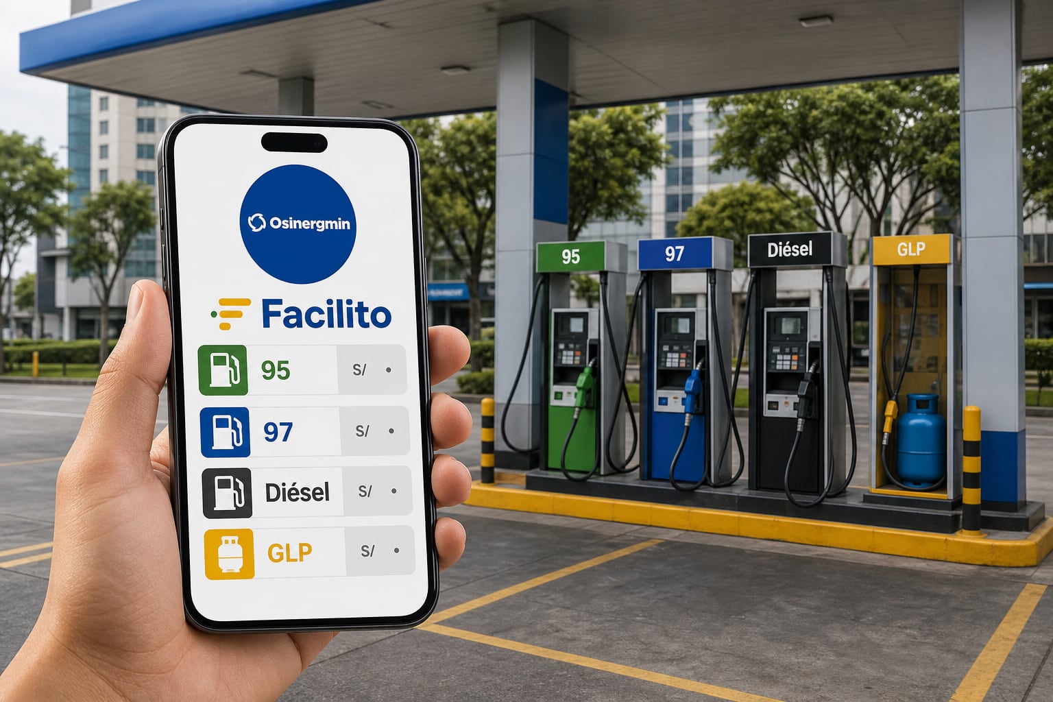 Un teléfono móvil despliega la aplicación Facilito de Osinergmin para consultar precios frente a los surtidores de una estación de servicio en Perú. (Imagen Ilustrativa Infobae)