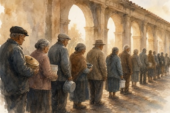 Ilustración en acuarela de ancianos formados en fila con recipientes y vasijas junto a soportales de piedra.