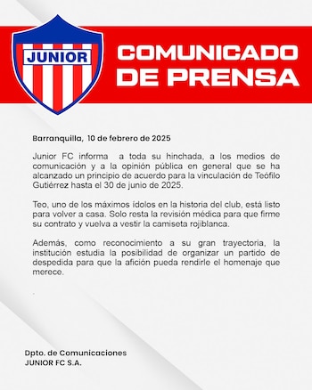 Junior de Barranquilla confirmó el