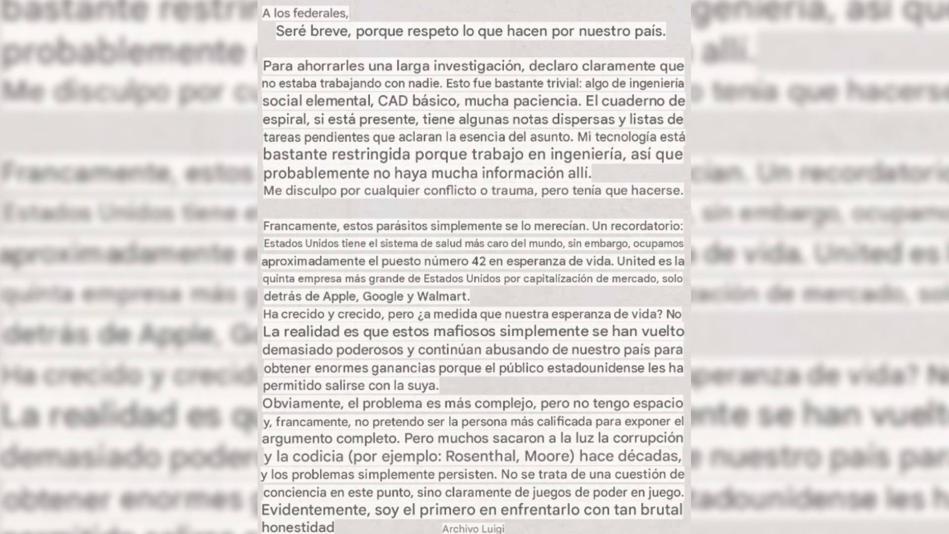 Traducción del documento dirigido a agentes federales detalla argumentos sobre el sistema de salud y la empresa UnitedHealthcare en Estados Unidos. (Luigi Archive)