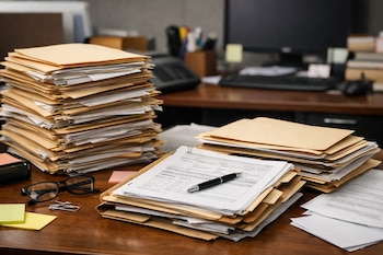 Vista de un escritorio de madera con una alta pila de expedientes en carpetas manila, documentos, un bolígrafo negro, gafas, clips y notas adhesivas.