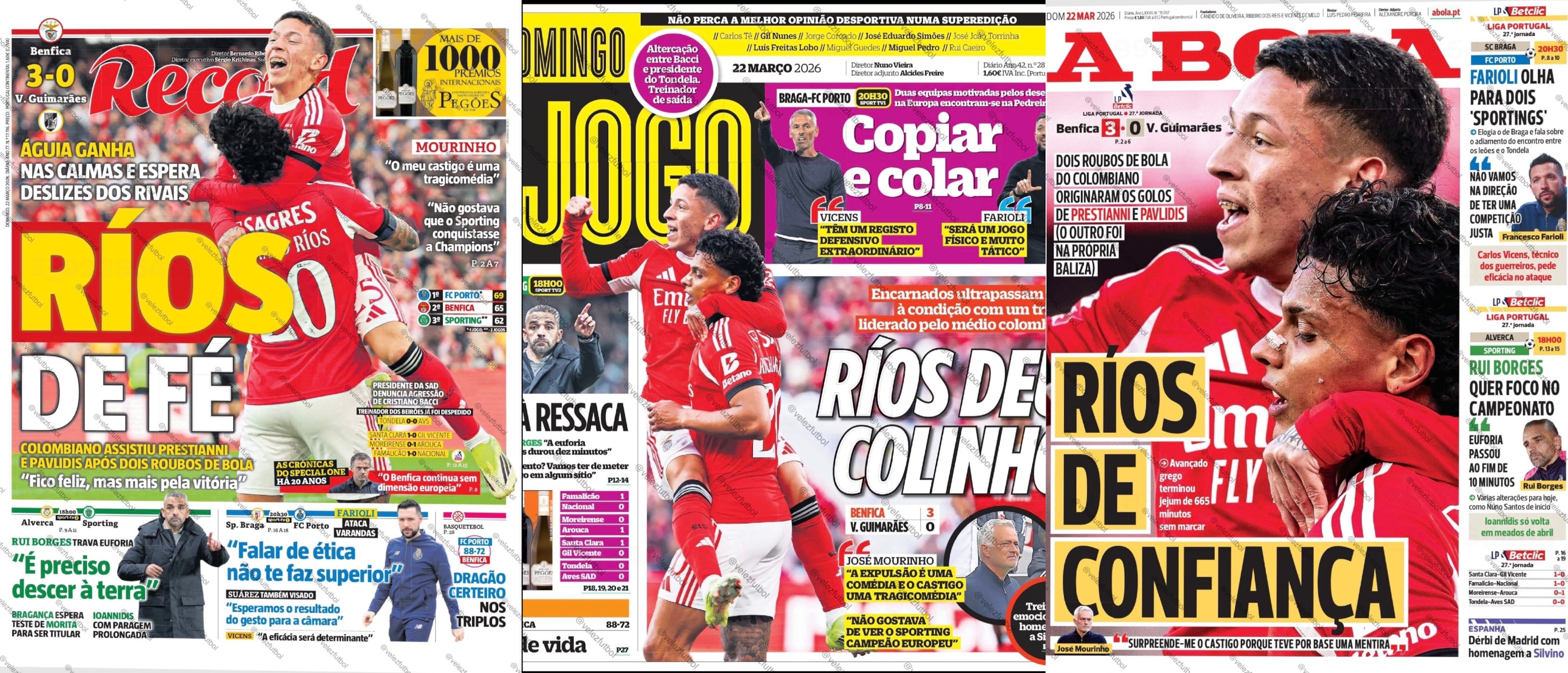 Portadas de medios portugueses sobre Richard Ríos - crédito Record, O Jogo y A Bola
