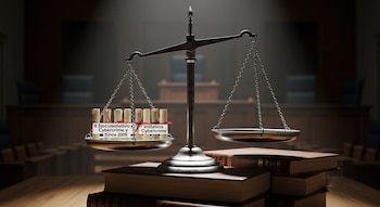 Primer plano de una balanza de la justicia con un platillo cargado de ocho rollos de documentos y el otro vacío, sobre libros en un tribunal.