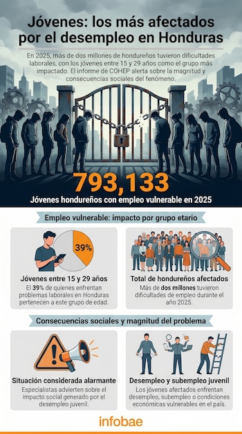 Infografía sobre el desempleo juvenil en Honduras. Muestra jóvenes frente a una reja encadenada, el número 793,133, y gráficos sobre empleo vulnerable.