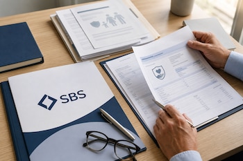 Manos de un adulto revisan documentos impresos junto a una carpeta con el logo de la SBS, unos anteojos y un bolígrafo sobre un escritorio.