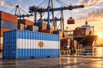 Puerto exportador argentino con container identificado con los colores de la bandera argentina