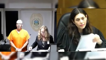 Imagen dividida. Hombre en uniforme naranja y esposado a la izquierda. Jueza con toga en la derecha, con documentos, ambos en una sala judicial