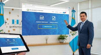 Hombre en traje, banderas de Guatemala, pantalla flotante con sitio web de Dirección General de Transportes, tablet con el mismo sitio web, mano.