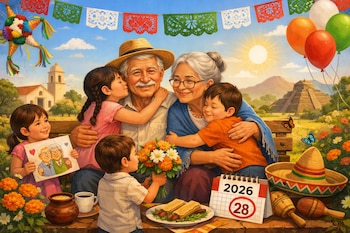 Abuelos y cuatro nietos en un banco, con piñata, papel picado, pirámide, iglesia, globos, calendario 2026, sombreros, comida y maracas.