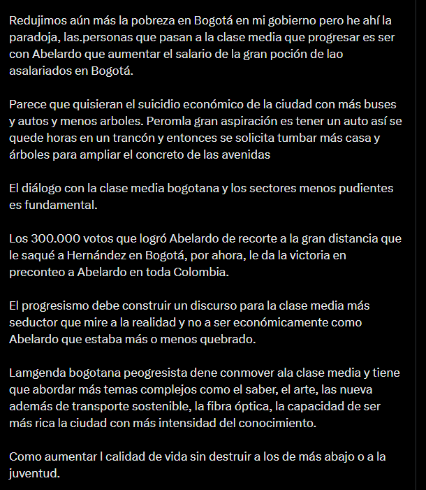 Gustavo Petro consideró que el progresismo debe replantear su discurso para conectar con la clase media y responder a sus intereses actuales - crédito @petrogustavo/X