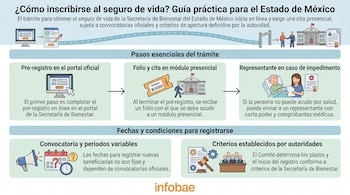 Ilustración de una guía paso a paso para la inscripción al seguro de vida, mostrando el pre-registro en línea, la cita presencial y el proceso para representantes.
