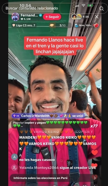 Caótico momento de Fernando Llanos en tren: usuarios lo acusan de favorecer a Roberto Sánchez durante transmisión. Captura: TikTok.