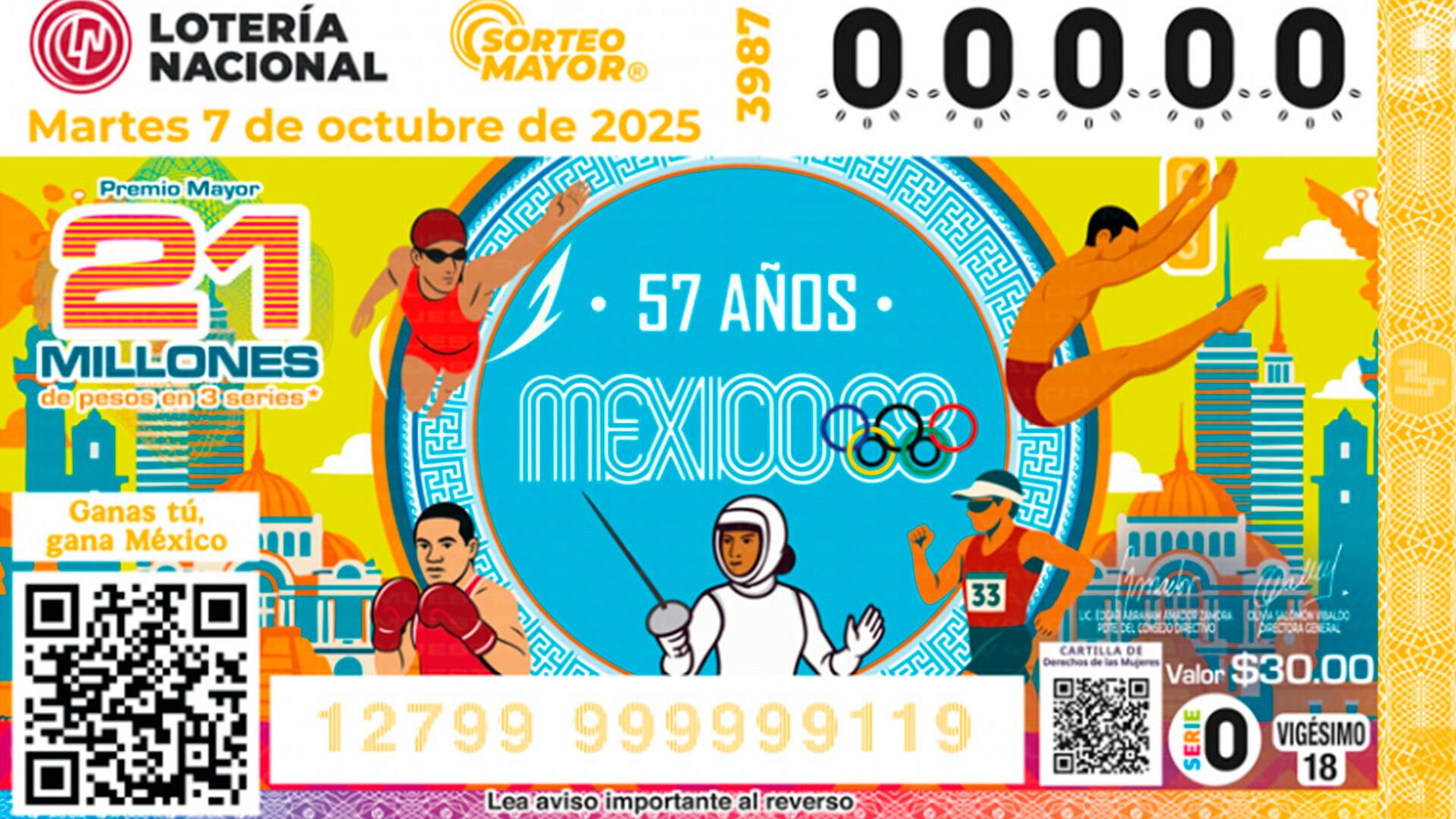 El billete del sorteo de este martes hace un homenaje a los Juegos Olímpicos de la Ciudad de México en 1968. (Lotenal)