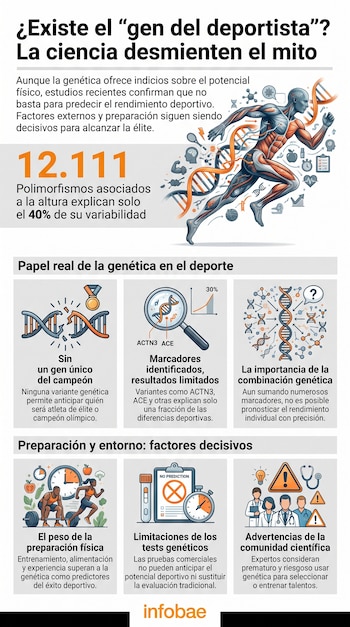 Infografía con un título, texto explicativo, diagramas de ADN, figuras humanas ejercitándose, diversos íconos de genética y deporte, logo Infobae.