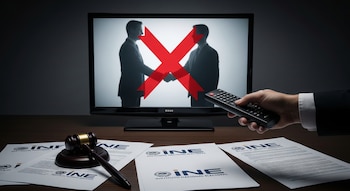 Una mano sostiene un control remoto frente a un televisor que muestra dos figuras silueteadas estrechando manos, con una gran X roja. Sobre la mesa, un mazo de juez y documentos del INE.