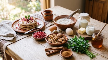 Mesa de madera con harina, huevos, leche, mantequilla, nueces, granada, canela, miel y un plato con hotcakes bañados en salsa de nogada.