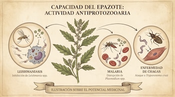 Ilustración detallada de una planta de epazote central, con círculos mostrando su efecto sobre parásitos como Leishmania, Plasmodium y Trypanosoma cruzi.