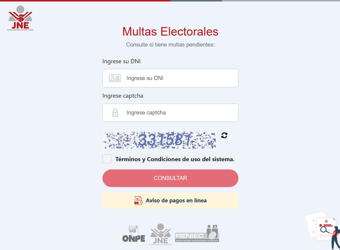 La plataforma virtual del JNE permite consultar multas electorales ingresando solo el número de DNI. Captura