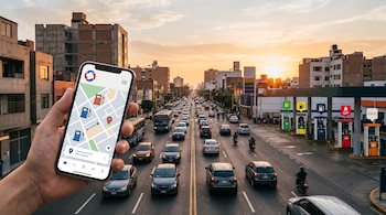 Mano que sostiene un teléfono móvil con un mapa digital frente a una avenida con tráfico vehicular y una estación de servicio con surtidores.
