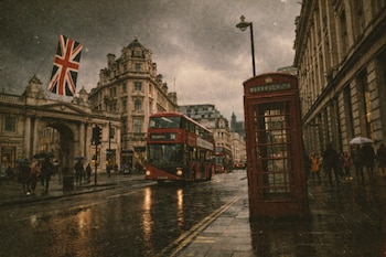 Paisagem urbana de Londres com ônibus de dois andares e cabine telefônica vermelha na frente, rua molhada, edifícios históricos e bandeira Union Jack.