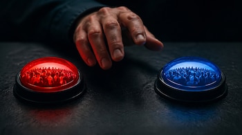 Una mano se cierne sobre dos botones grandes y luminosos en una superficie oscura. El botón rojo de la izquierda y el azul de la derecha contienen figuras de multitudes.
