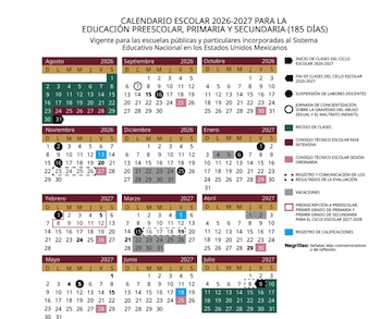 Calendario escolar 2026-2027, organizado por meses de agosto a julio, con fechas marcadas por colores y una leyenda que detalla eventos y suspensiones