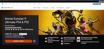 Página de PlayStation Store exhibe Mortal Kombat 11 Ultimate. Contiene el título del juego, precio de US$5.99, calificaciones y un arte de varios personajes