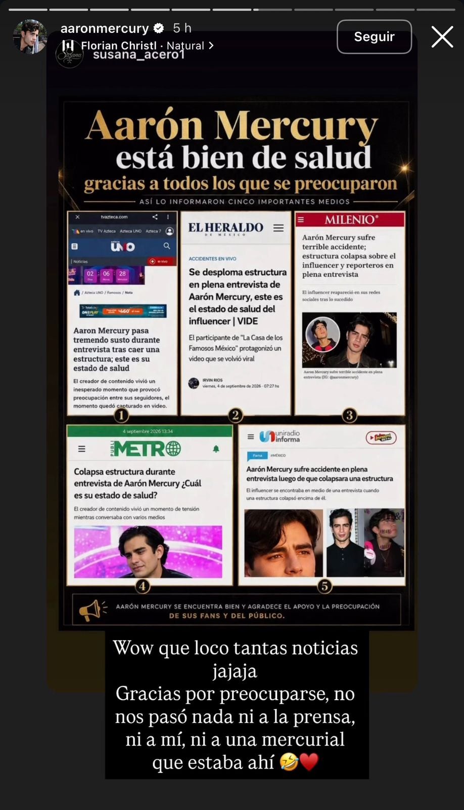 Mercury compartió en sus historias de Instagram una recopilación de cinco notas periodísticas que reportaban el incidente (IG: aaronmercury)
