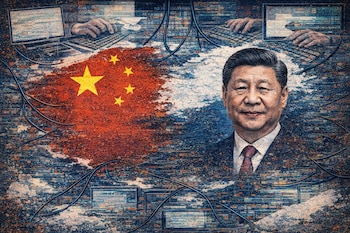 Ilustración de Xi Jinping, bandera de China, manos tecleando en teclados de computadora, cables y pantallas fragmentadas sobre un fondo con textura digital.
