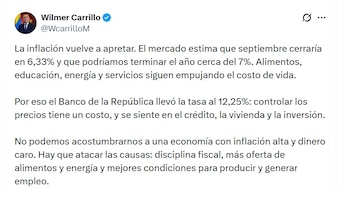 Wilmer Carrillo, senador, dijo que los colombianos no pueden acostumbrarse a una economía de inflación alta - crédito @WCarrilloM/X