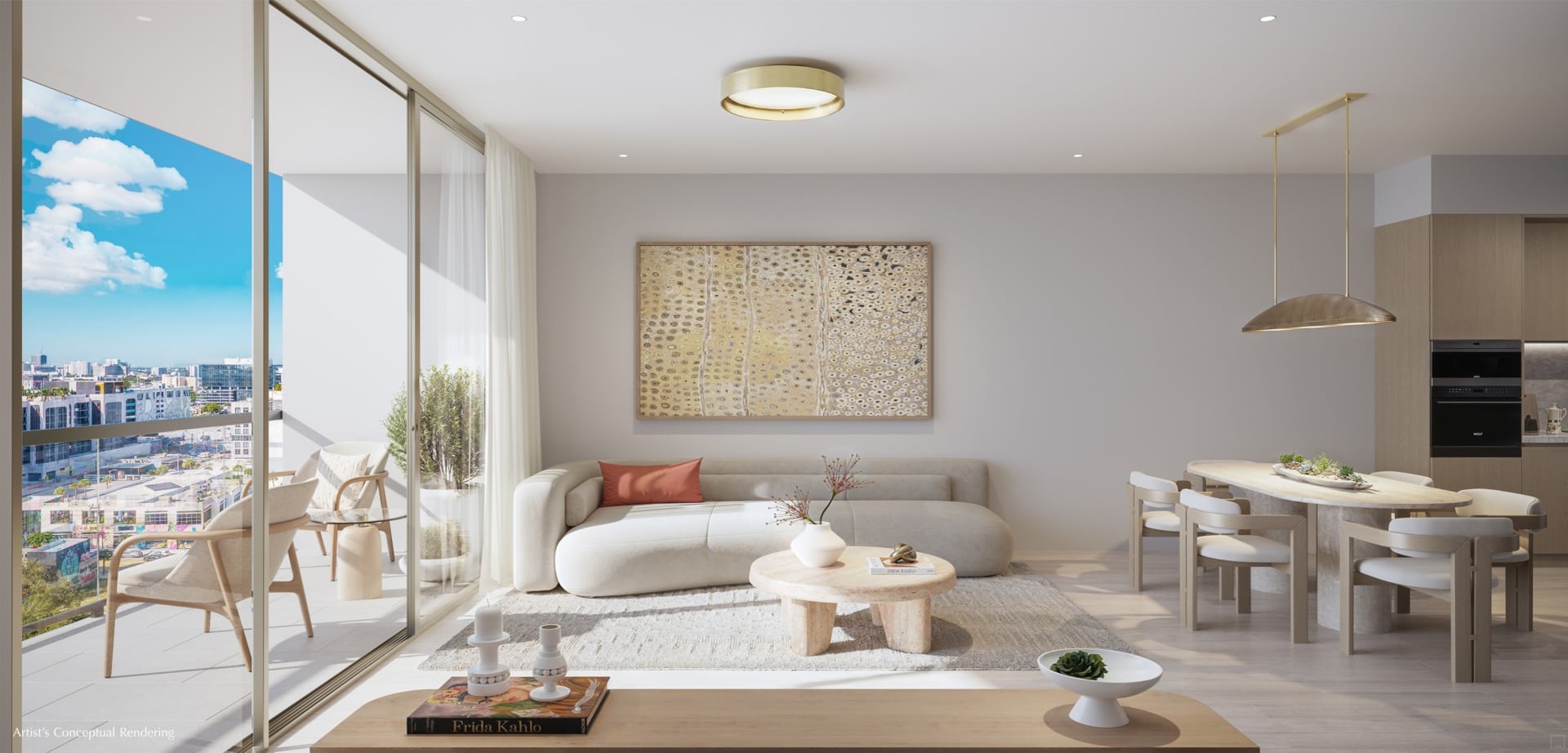 Imagen cedida por ARX Creative de una ilustración que muestra una sala del edificio residencial inspirado en la pintora mexicana Frida Kahlo que será construido en el Distrito de las Artes Wynwood en Miami (Foto: EFE / Arx Creative)