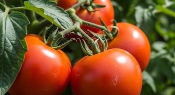 Primer plano de un racimo de tomates rojos maduros aún en la planta, con hojas y tallos verdes visibles en un entorno de huerto soleado.