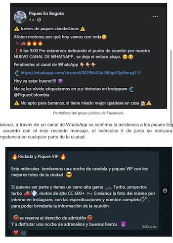 Desde la página de Facebook 'Piques en Bogotá' se convocan dichas actividades. Residenes denuncian ruido y peligro, exigiendo mayor control policial - crédito Sala de Prensa Diana Diago