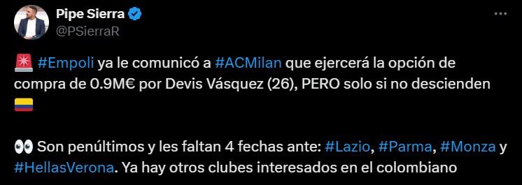 Devis Vásquez deberá esperar al final de temporada para saber si Empoli lo renueva o Milan lo recupera - crédito @PSierraR/X