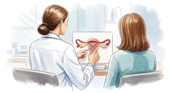 Ilustración de una médica de espaldas, con bata blanca, señalando un modelo anatómico del aparato reproductor femenino a una paciente sentada.