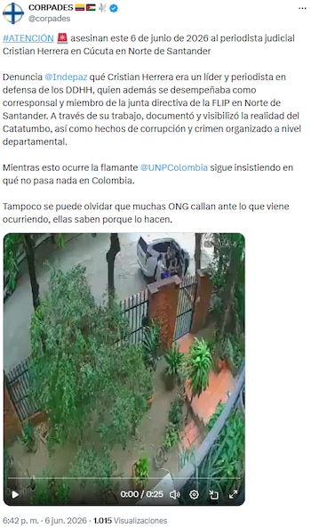 Corpades denunció asesinato del periodista Cristian Herrera y destacó su labor social en Norte de Santander - crédito @corpades/X