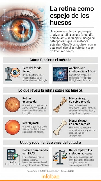 Infografía sobre un estudio que vincula la retina con la osteoporosis, mostrando un ojo con estructuras óseas, iconos médicos y texto explicativo.