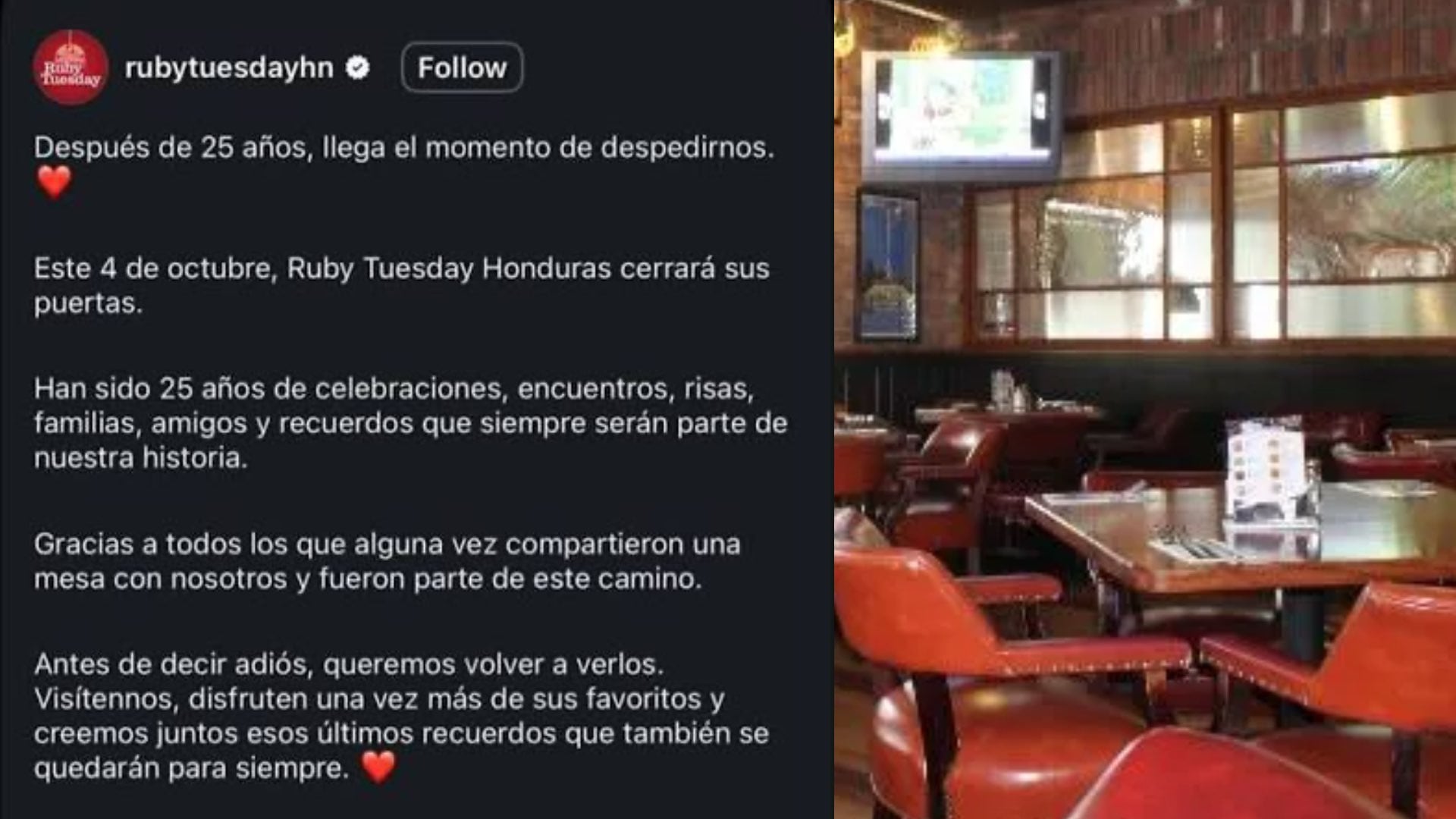 Ruby Tuesday anunció su salida de Honduras después de 25 años de operaciones en el país. (FOTO: Facebook)