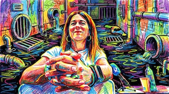 Dibujo de estilo crayola supercolorido de una mujer con las manos cruzadas, rodeada de tuberías, rejillas y agua fluyendo en un entorno de alcantarillado vibrante.