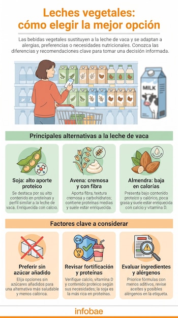 Infografía ilustrada sobre leches vegetales. Muestra a una mujer en un supermercado y cuadros comparativos de soja, avena y almendra. Incluye iconos sobre azúcar, fortificación y alérgenos.