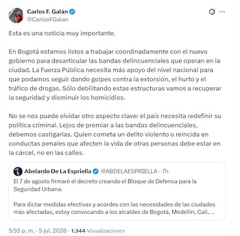 El alcalde de Bogotá, Carlos Fernando Galán, expresó disposición a colaborar con el presidente electo De la Espriella - crédito @CarlosFGalan/X