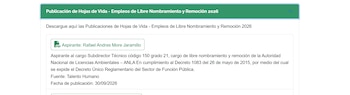 Página web institucional con la ficha de publicación de la hoja de vida de Rafael Andrés More Jaramillo para un puesto de aspirante en la ANLA