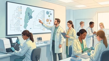 Científicos con bata médica trabajan frente a una pantalla con un mapa de Argentina y diagramas virales.